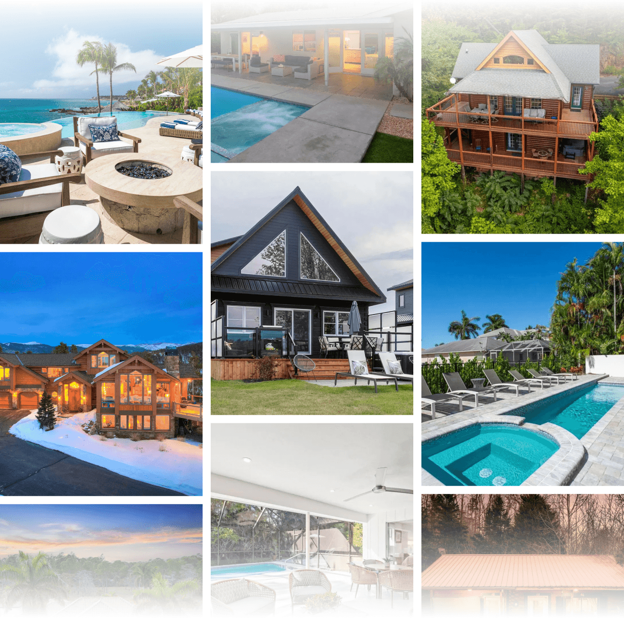 Collage of vacation rental homes, pools, and exteriors